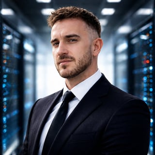 Professional man in dark business suit and tie standing in a data center with server racks and blue lighting in the background