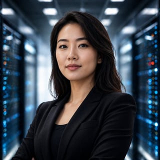 Professional woman in black blazer standing in data center with server racks and blue lights