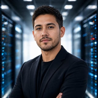 Man in black blazer standing in server room with blue-lit equipment racks in background