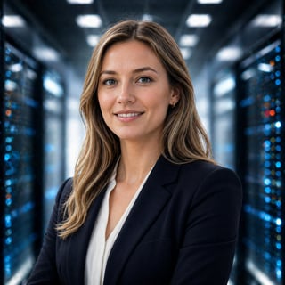Professional woman in dark blazer and white shirt smiling in a modern data center with blue-lit server racks